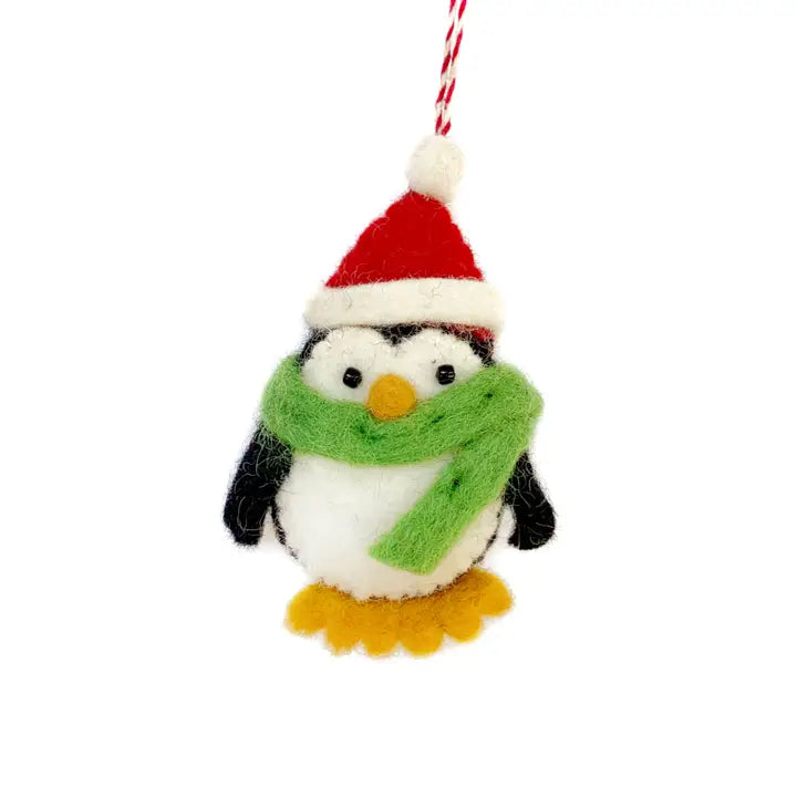 Penguin with Red Hat Felt Wool Ornament