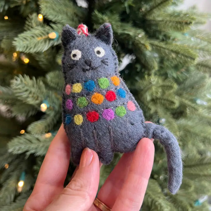 Cat Tanged in Christmas Lights Felt Wool Ornament