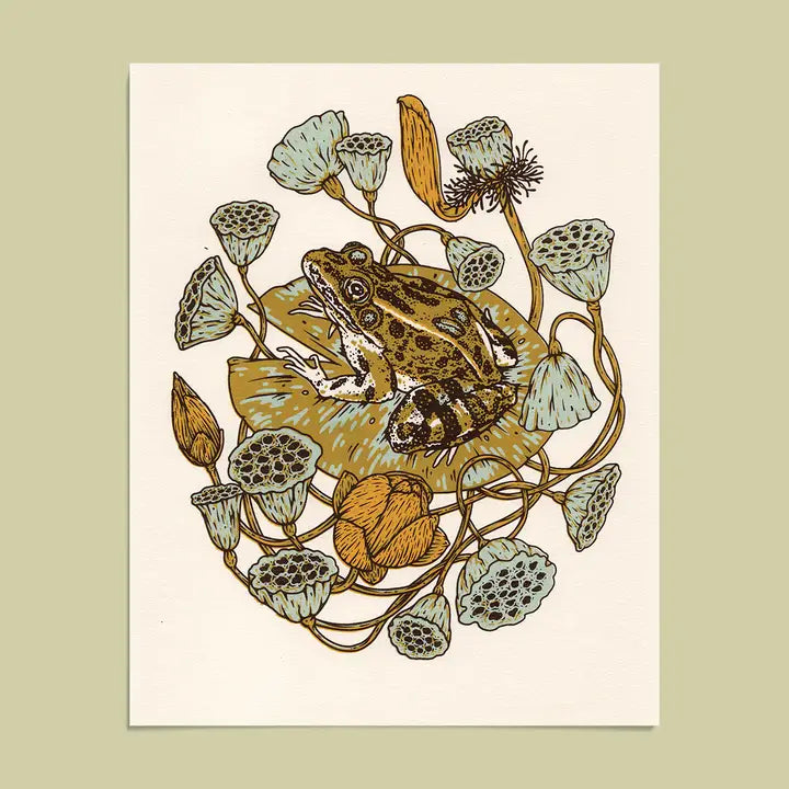 Frog, Lotus Pods, and Lotus Flowers Print