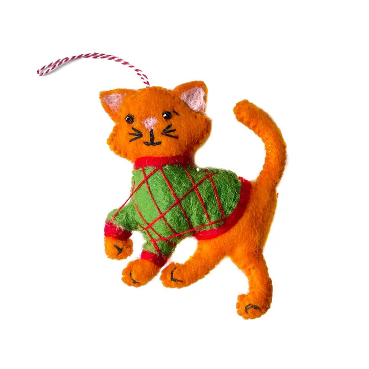 Orange Cat in Sweater Felt Wool Ornament